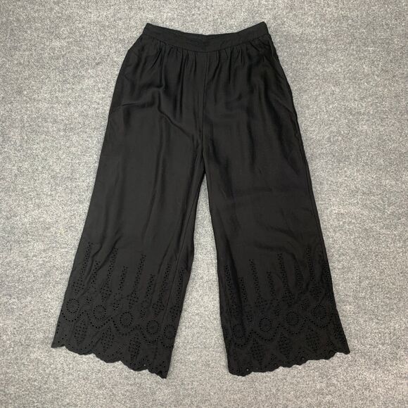 Anthropologie Pants Womens 2T Tall Black Wide Leg Eyelet Crop High Rise Side Zip - Picture 2 of 15